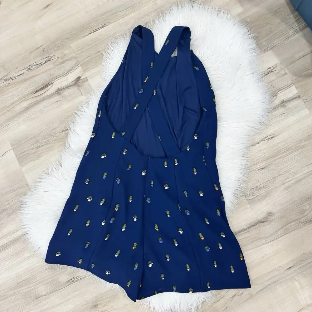 Zara Navy Cactus Print Criss Cross Back Shorts Romper Medium 13-3029 - Picture 3 of 8